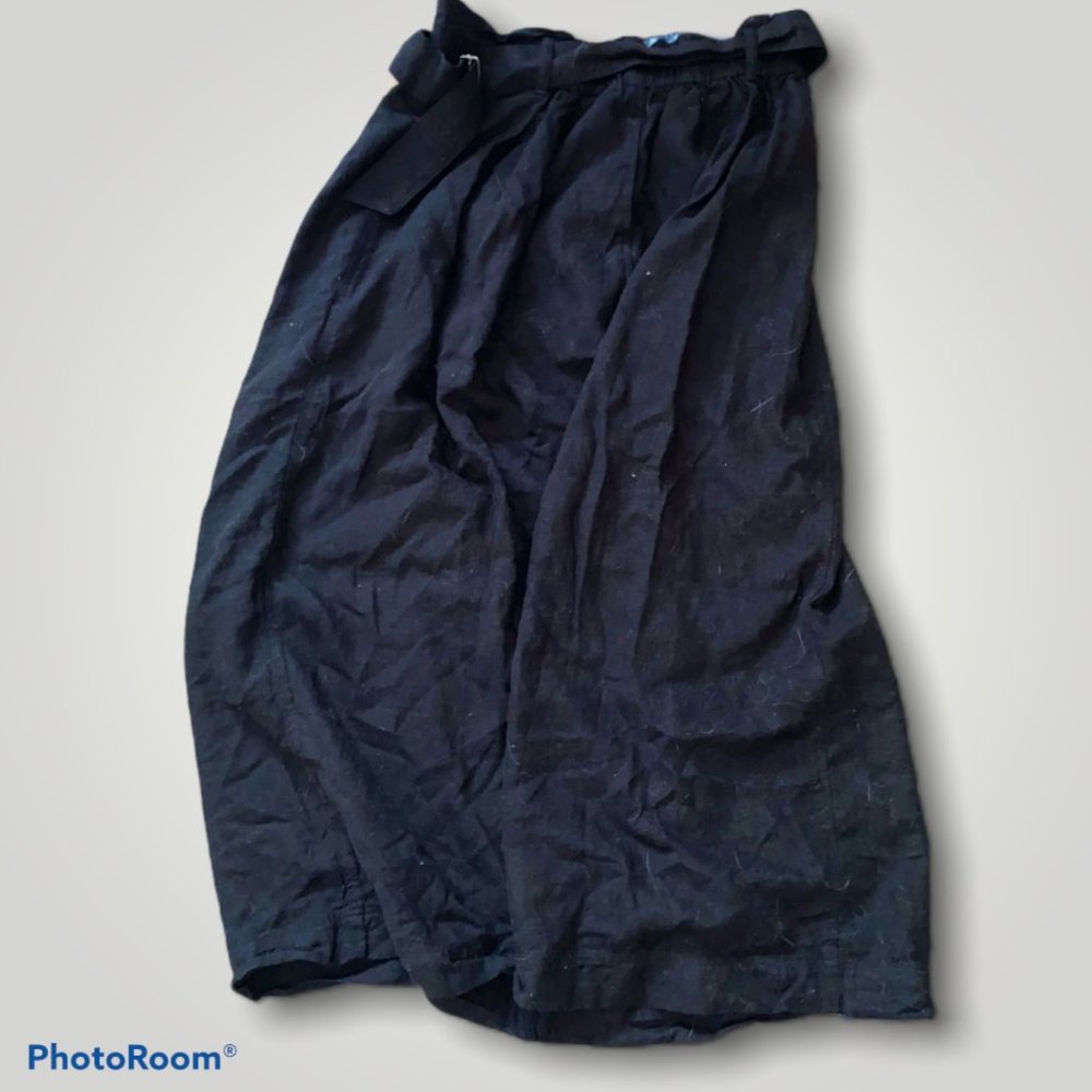Women Belted Linen Rayon Black Skirt with Pockets